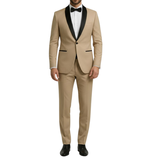 Costume homme beige col châle