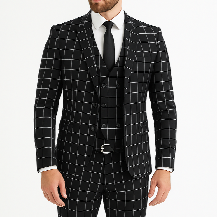 Costume homme noir 3 pièces à carreaux