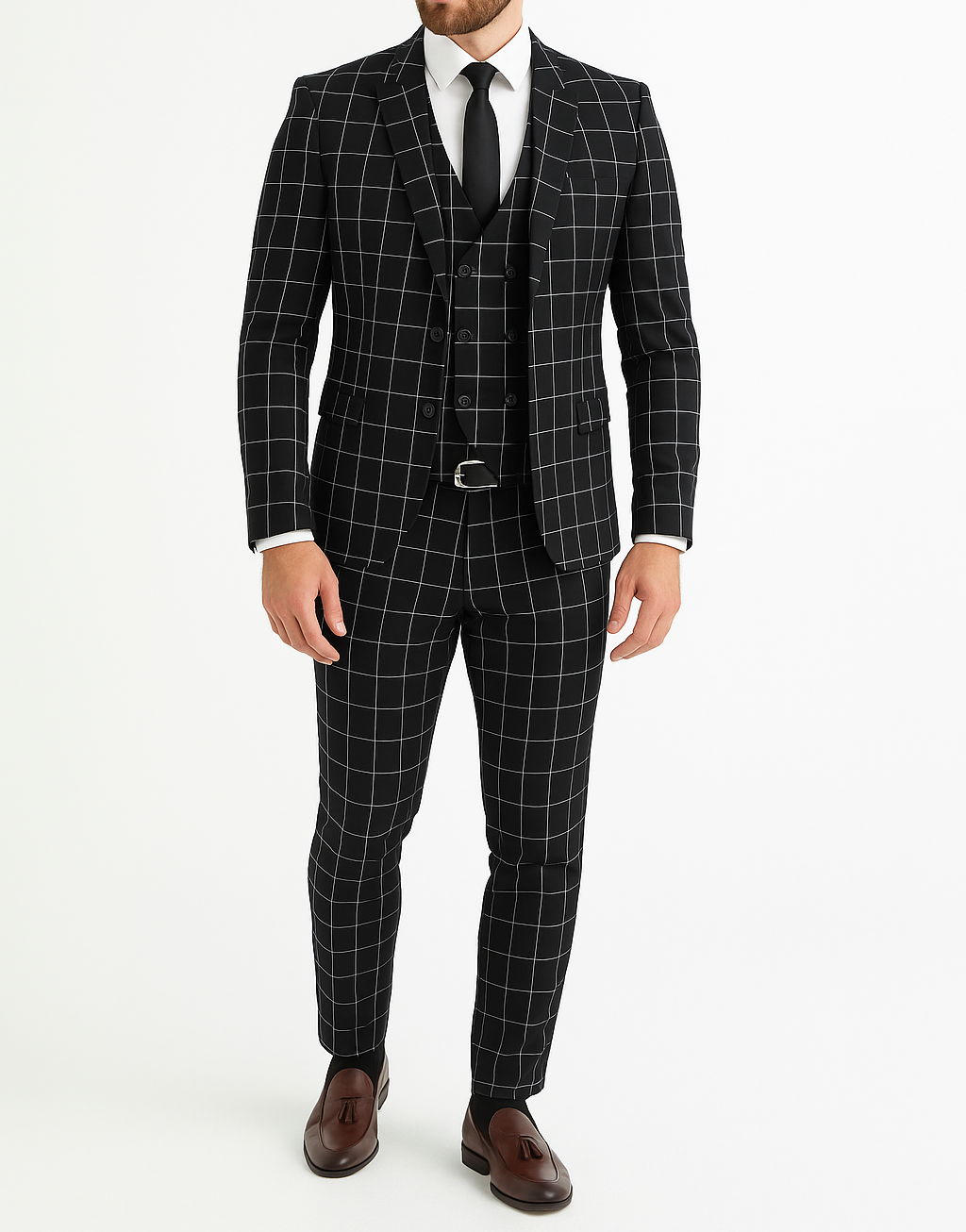 Costume homme noir 3 pièces à carreaux