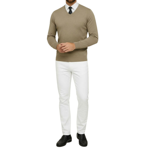 Pull homme col V beige