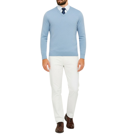 Pull homme col V bleu ciel
