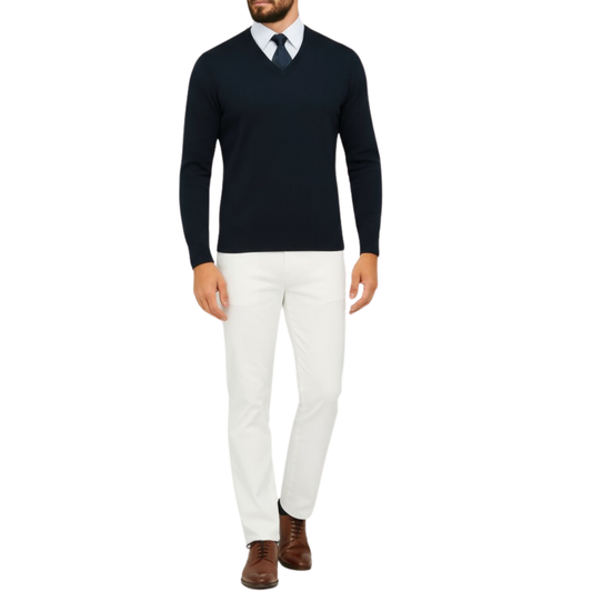 Pull homme col V bleu marine