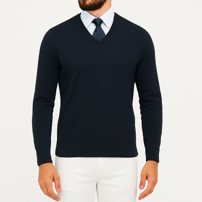Pull homme col V bleu marine