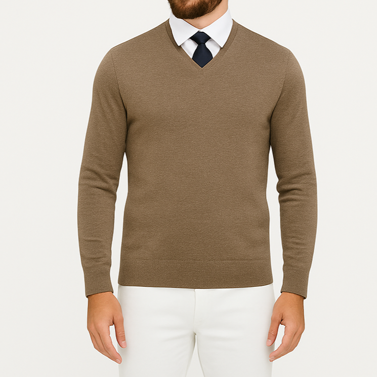 Pull homme col V café