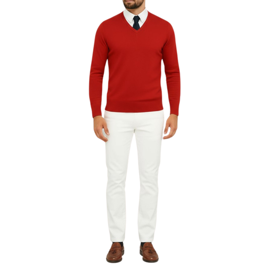 Pull homme col V rouge