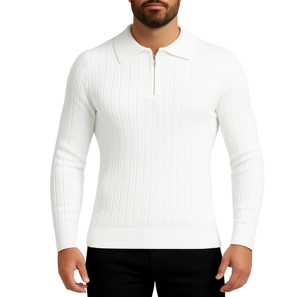 Pull homme blanc col zip et torsadé