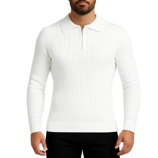Pull homme blanc col zip et torsadé