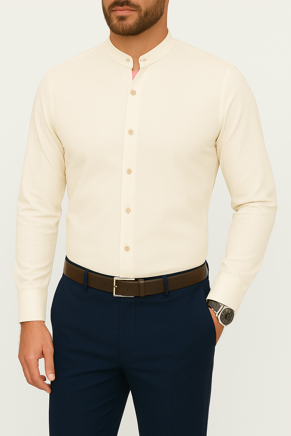 Chemise homme col mao beige
