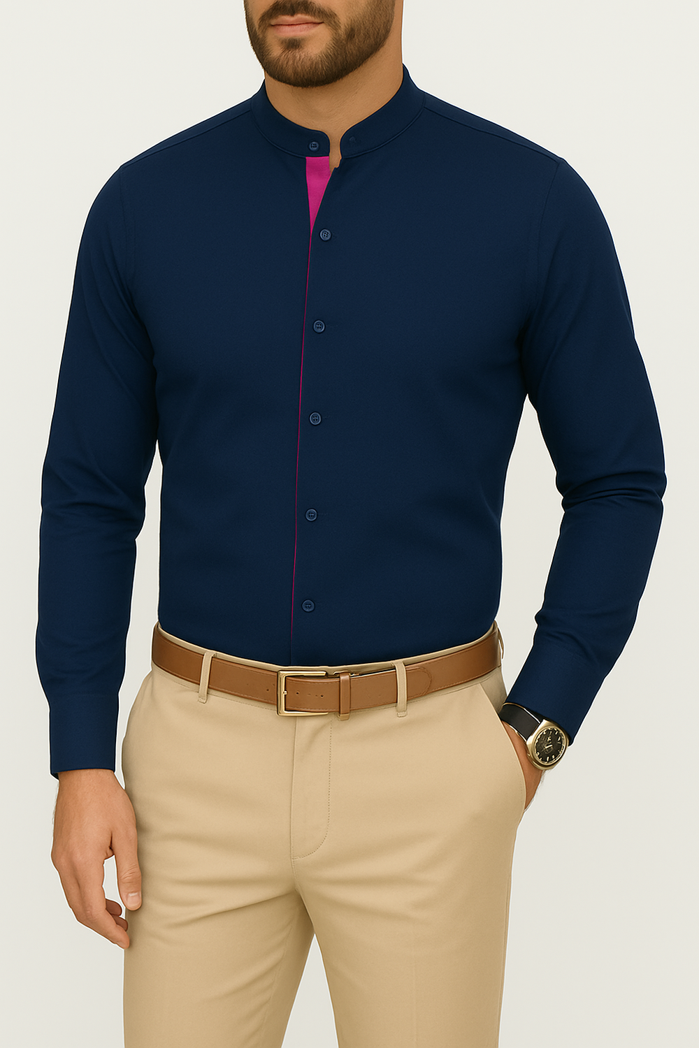 Chemise homme col mao bleu marine et fushia