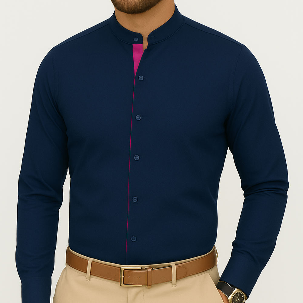 Chemise homme col mao bleu marine et fushia