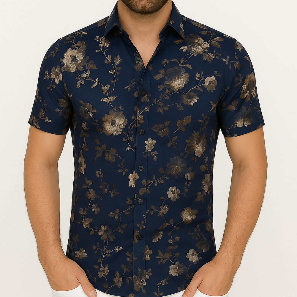 Chemise manche courte bleu à motifs