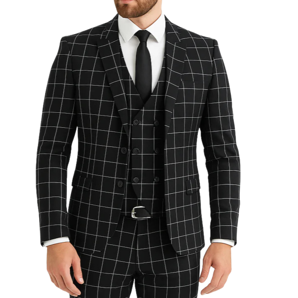 Costume homme noir 3 pièces à carreaux