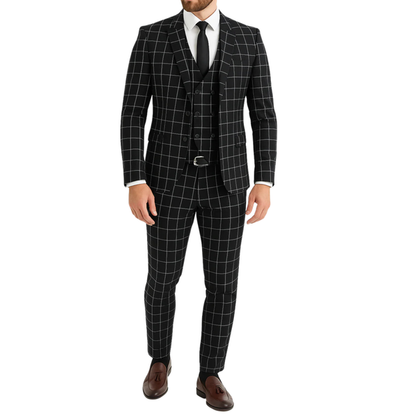 Costume homme noir 3 pièces à carreaux