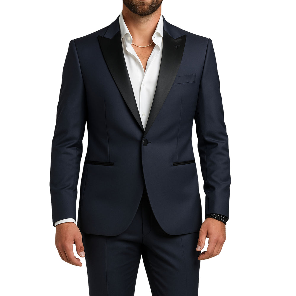 Costume homme bleu col a pointe satin