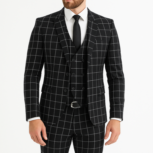 Costume homme noir 3 pièces à carreaux