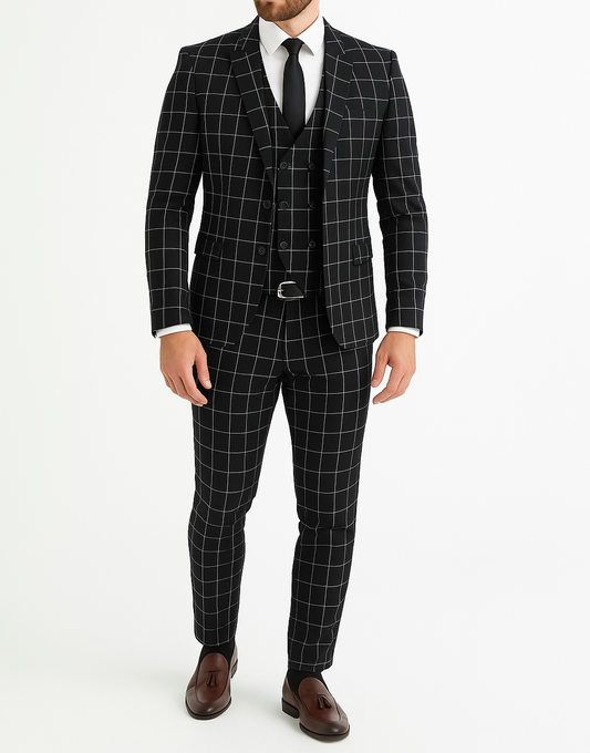 Costume homme noir 3 pièces à carreaux
