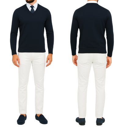 Pull homme col V bleu marine