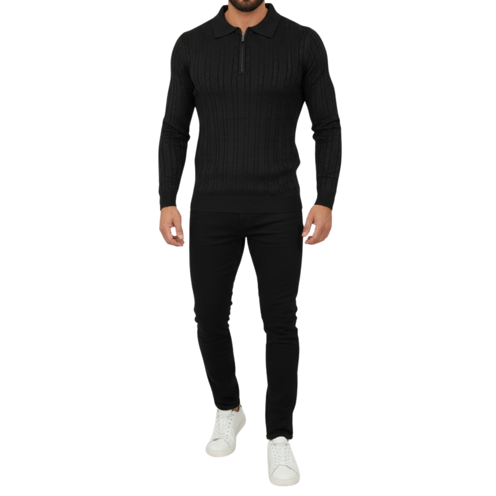 Pull homme noir col zip et torsadé