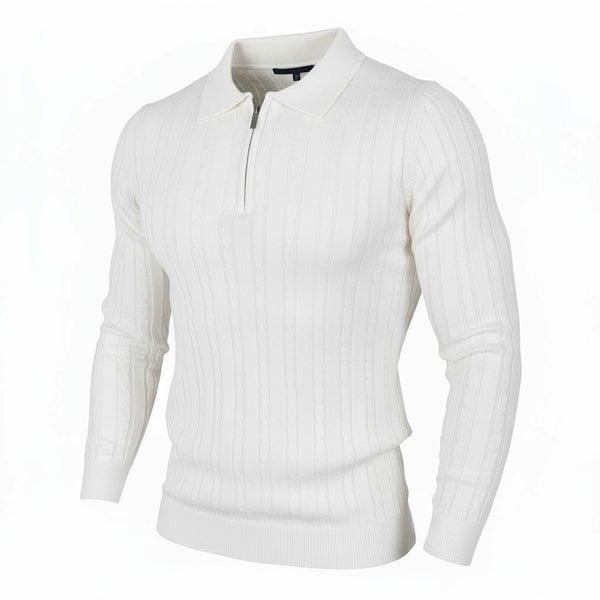 Pull homme blanc col zip et torsadé