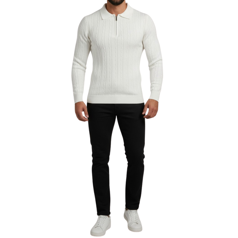 Pull homme blanc col zip et torsadé