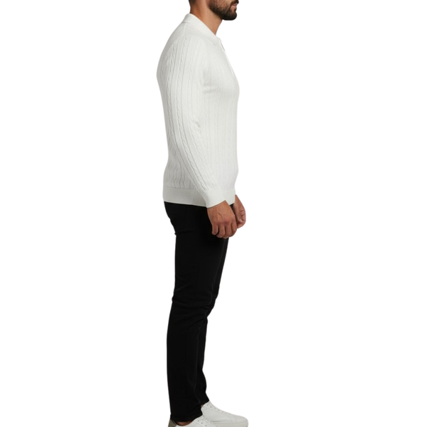 Pull homme blanc col zip et torsadé