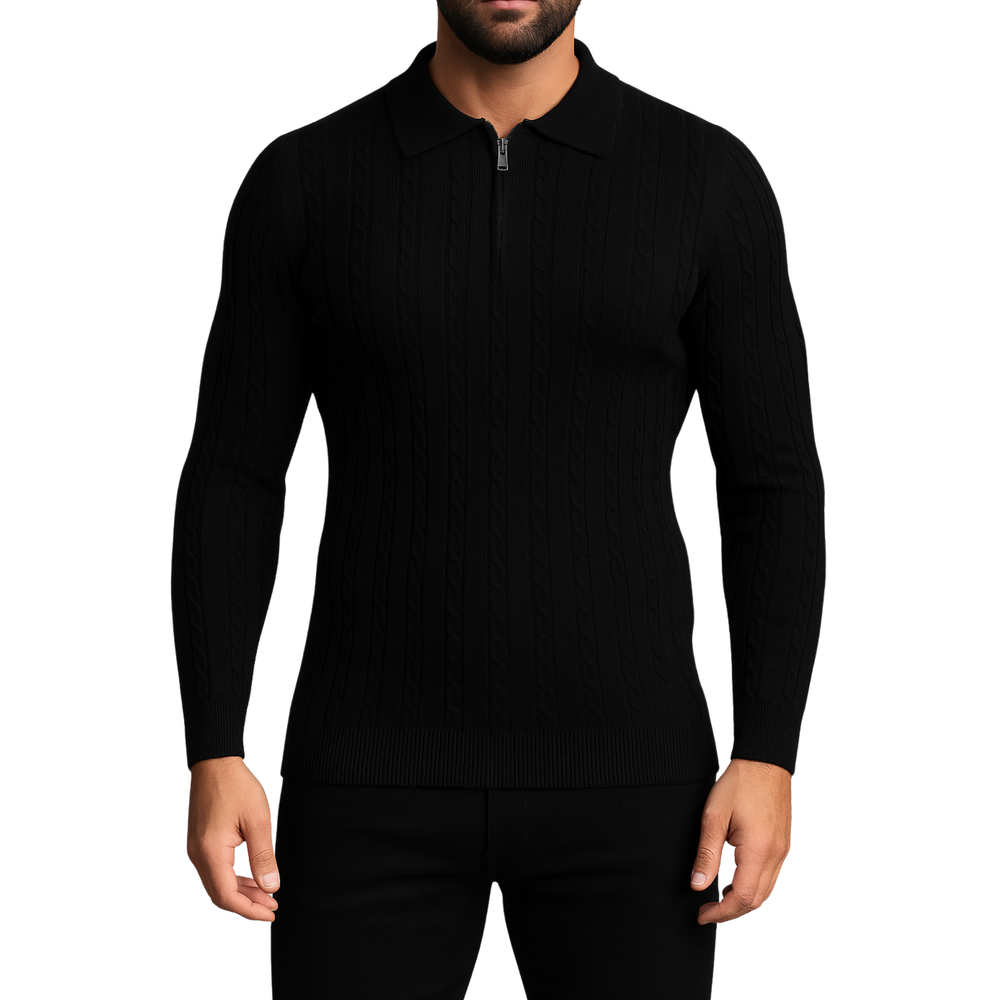Pull homme noir col zip et torsadé