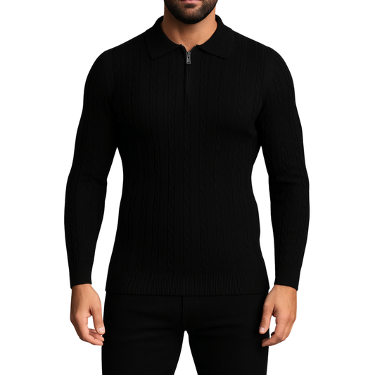 Pull homme noir col zip et torsadé
