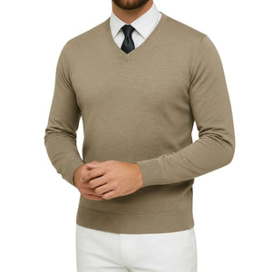 Pull homme col V beige