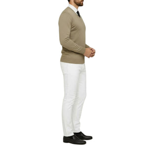 Pull homme col V beige