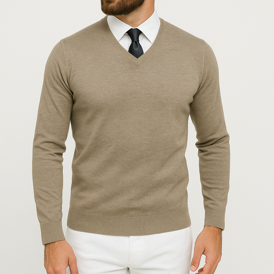 Pull homme col V beige