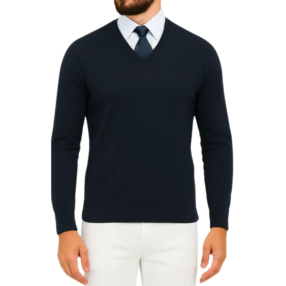 Pull homme col V bleu marine