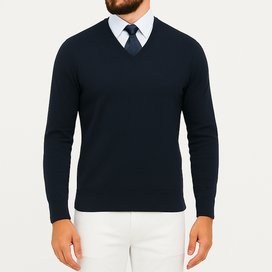 Pull homme col V bleu marine