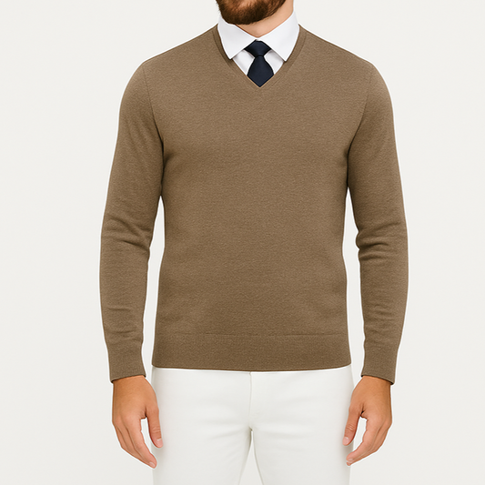 Pull homme col V café