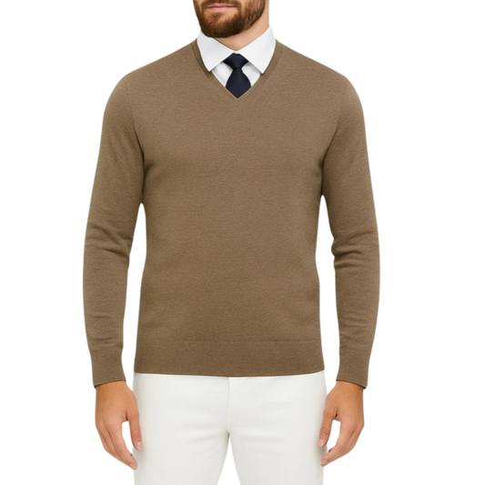 Pull homme col V café