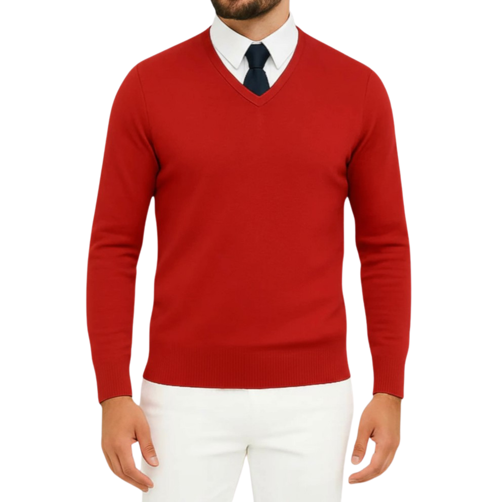 Pull homme col V rouge
