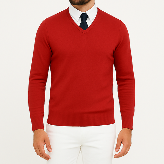 Pull homme col V rouge